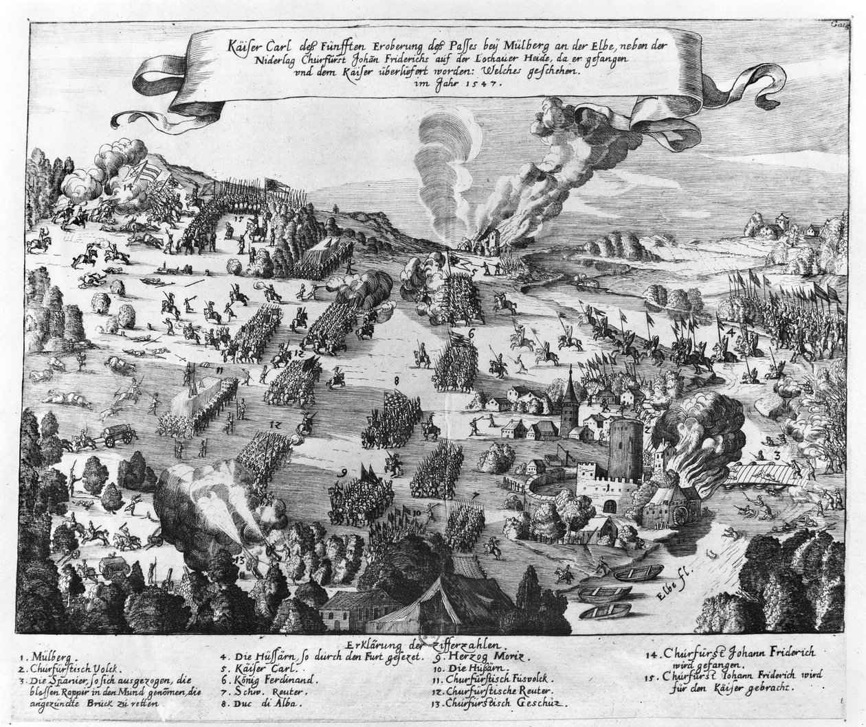Algemeen overzicht van de slag bij Mühlberg, 24 april 1547 door German School
