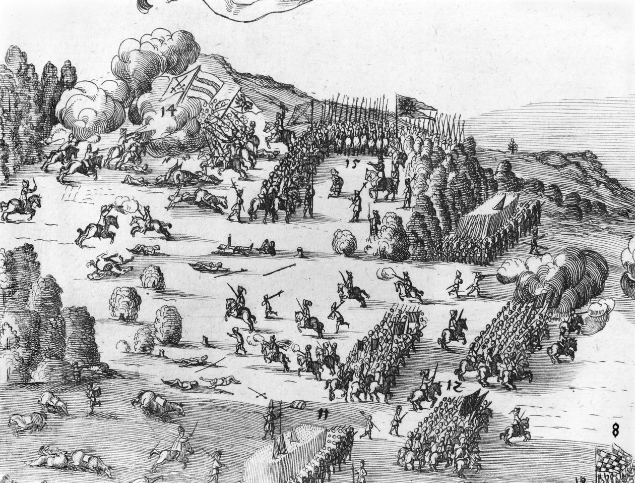 Algemeen overzicht van de slag bij Muhlberg, detail, 24 april 1547 door German School