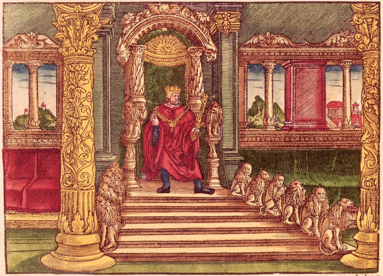 Koning Salomo op zijn troon, 1e editie, uit de Lutherbijbel, ca. 1530 door German School