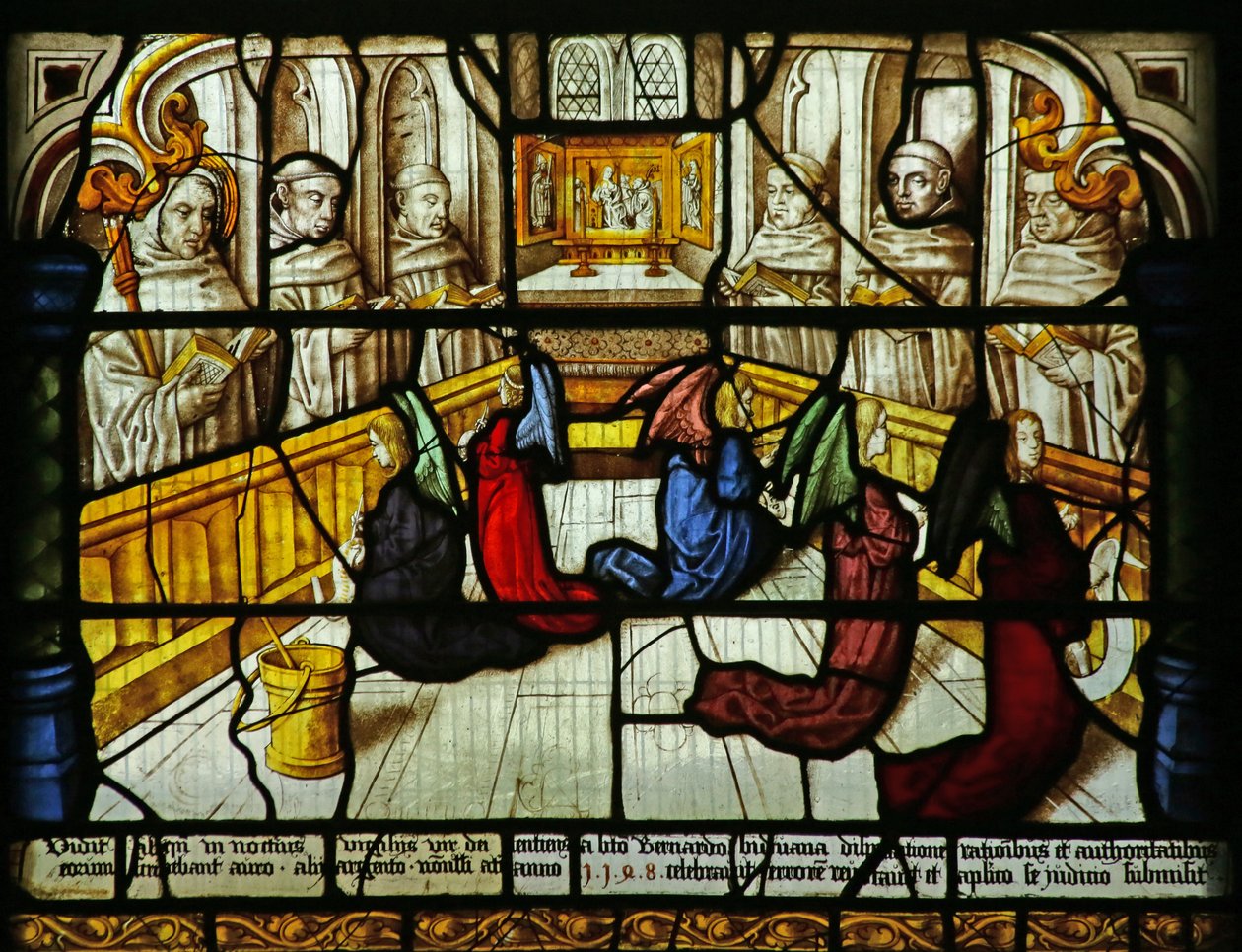 Sint-Bernardus heeft een visioen van engelen die de monniken monitoren terwijl ze zingen, ca. 1500 door German School