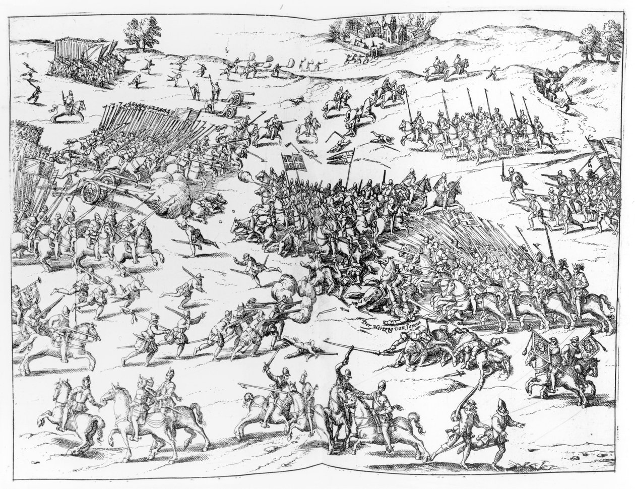 De Slag bij Kortrijk tussen de Fransen en de Vlamingen in 1580 door German School