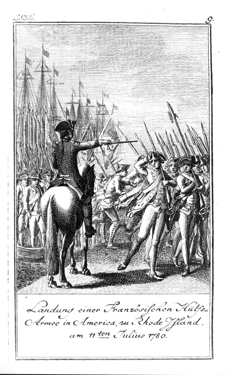 De landing van een Frans hulpleger in Rhode Island, Amerika, 11 juli 1780 door German School