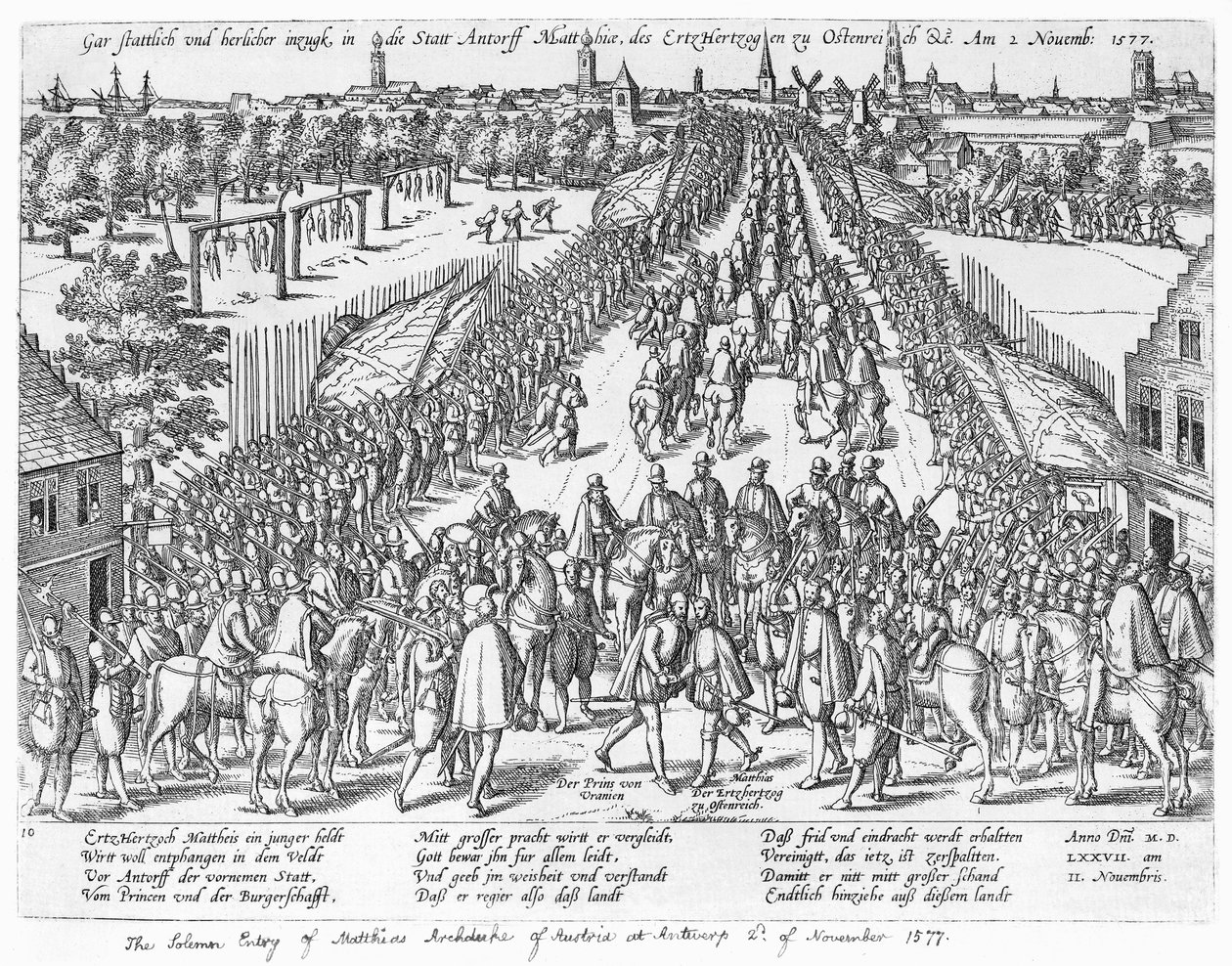 De plechtige intocht van Matthias Aartshertog van Oostenrijk in Antwerpen, 2 november 1577 door German School