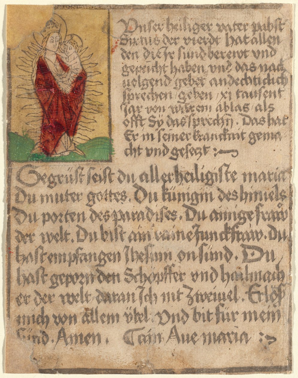 Madonna en kind in een glorie met een aflaat en een gebed door German 15th Century