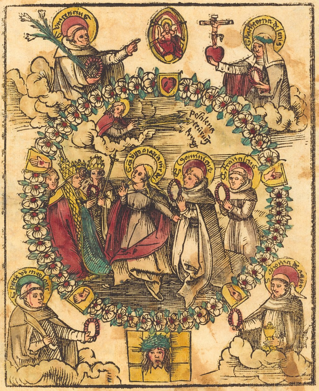 Madonna in een rozenkrans met heiligen door German 15th Century