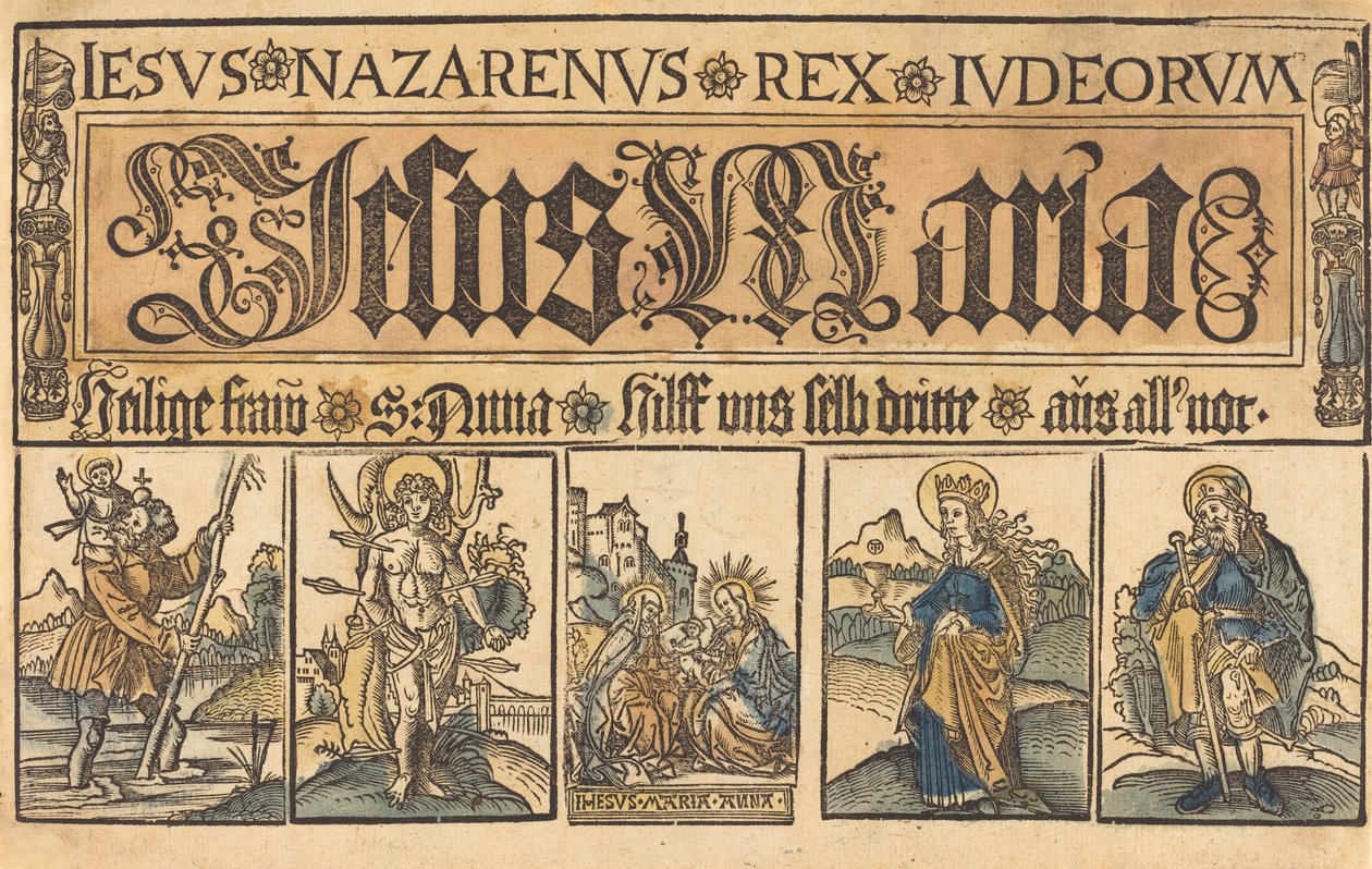 Sint Anna, De Madonna en Kind en Heiligen Christoffel, Sebastiaan, Clara en Rochus door German 15th Century