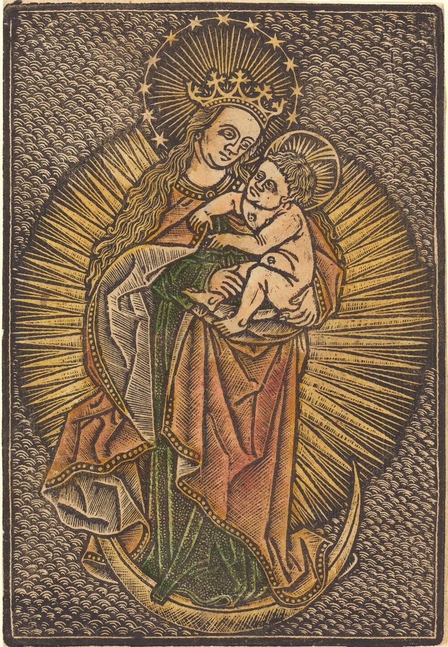 Madonna en Kind in Glorie door German 15th Century or Master of the Meshed Background