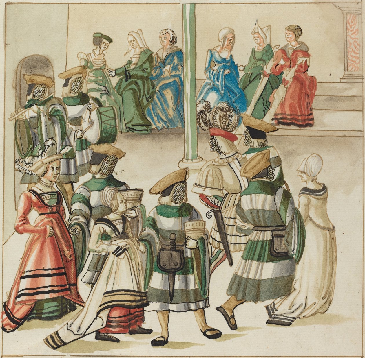 Drie Dansende Paren Geleid door Twee Ridders in Kamer met Zuil door German 16th Century