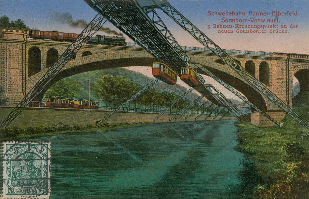 Barmen-Elberfeld-Sonnborn-Vohwinkel hangspoorweg en de nieuwe Sonnborn brug, Duitsland. Ansichtkaart verzonden in 1913. door German Photographer