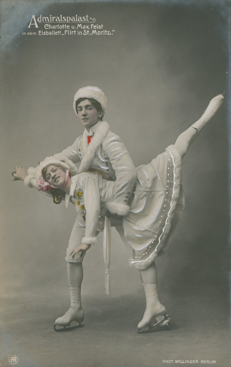 Ansichtkaart van schaatsers, verzonden in 1913 (handgekleurde foto) door German Photographer