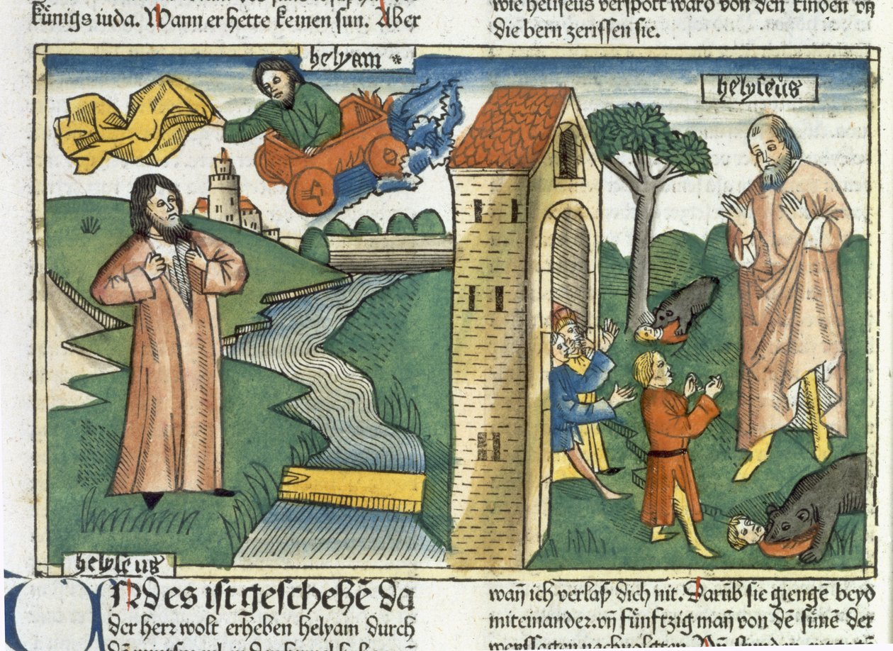 2 Koningen 2:1-24 Elia stijgt op naar de hemel in een wervelwind en de jongens die Elisa bespotten worden door beren opgegeten, uit de Neurenbergse Bijbel (Biblia Sacra Germanaica) door German School