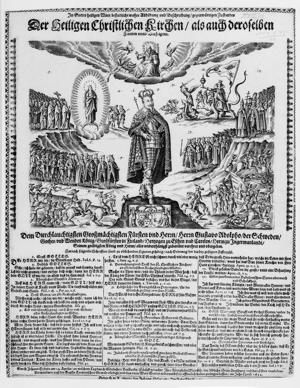 Een Duitse pamflet die Gustavus Adolphus afbeeldt als de kampioen van de protestantse zaak door German School