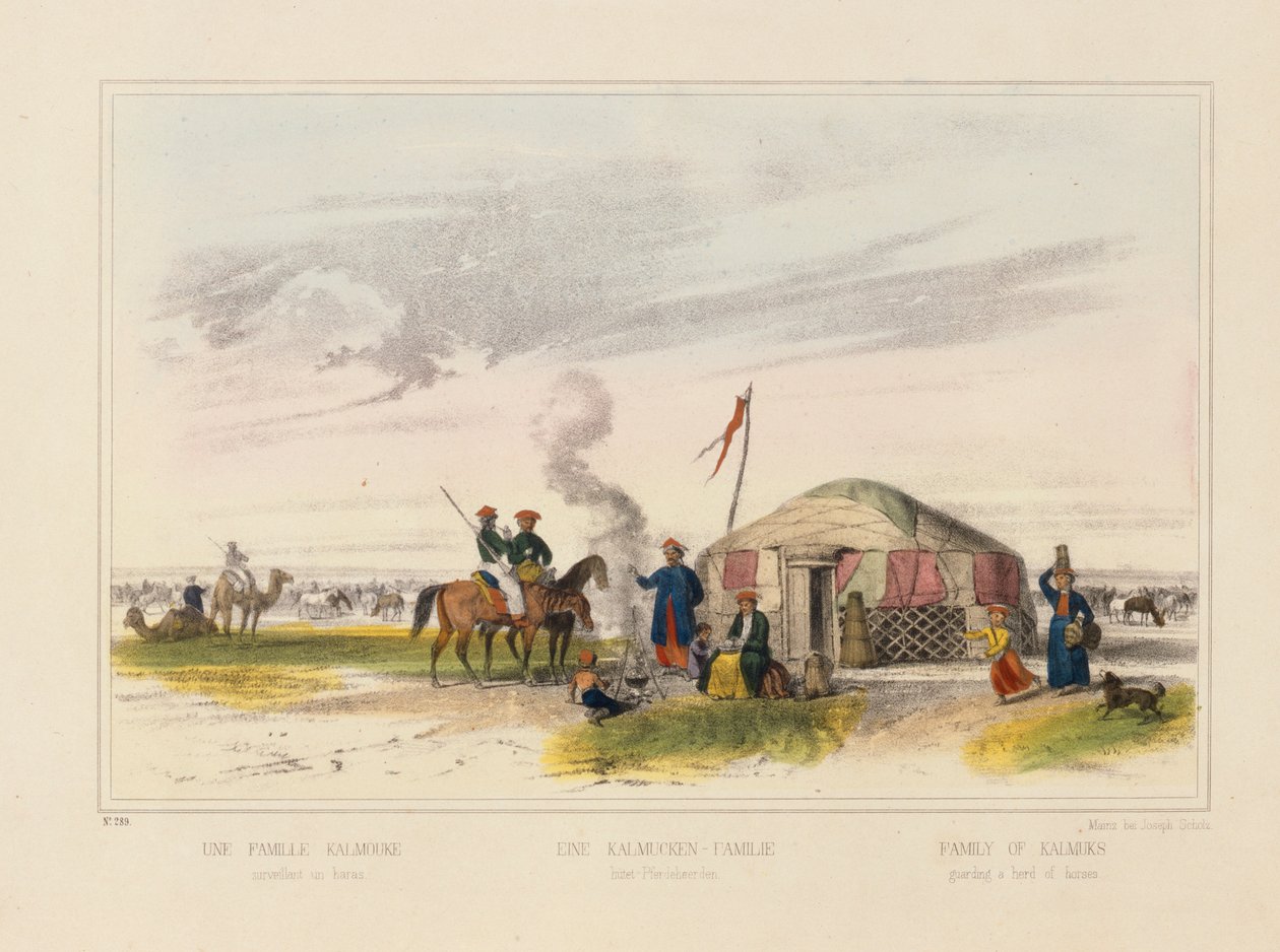 Een Kalmyk (West-Mongoolse) familie die paarden hoedt, picturaal pamflet uitgegeven door Joseph Scholz, Mainz, ca. 1860 door German School