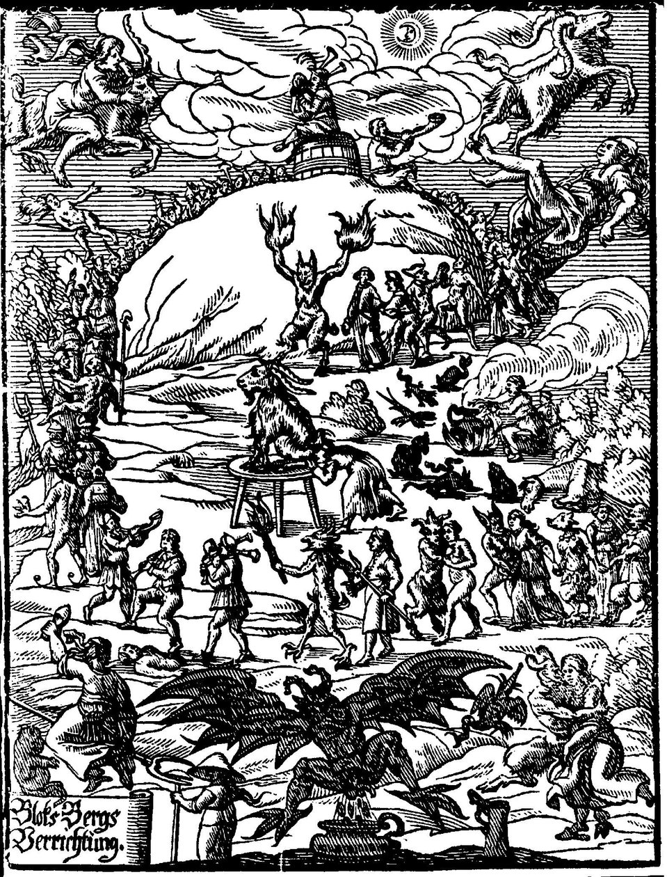 Een sabbatceremonie, een geit die de duivel voorstelt in het midden, omringd door heksen en demonen. Duitse gravure uit de 16e eeuw door German School