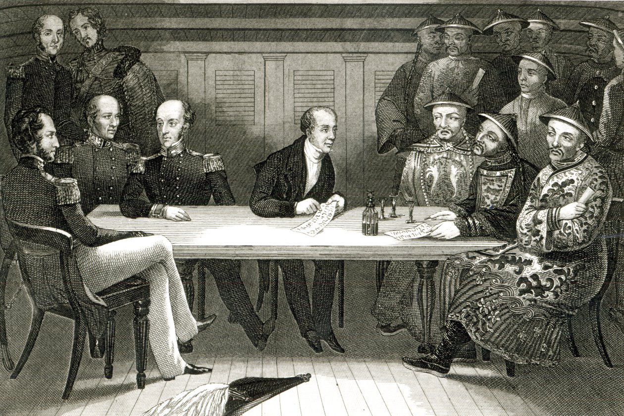 Een conferentie op Chusan tussen Commodore Bremer en Chang, een Chinese ambtenaar, aan boord van de HMS Wellesley, 4 juli 1841 door German School