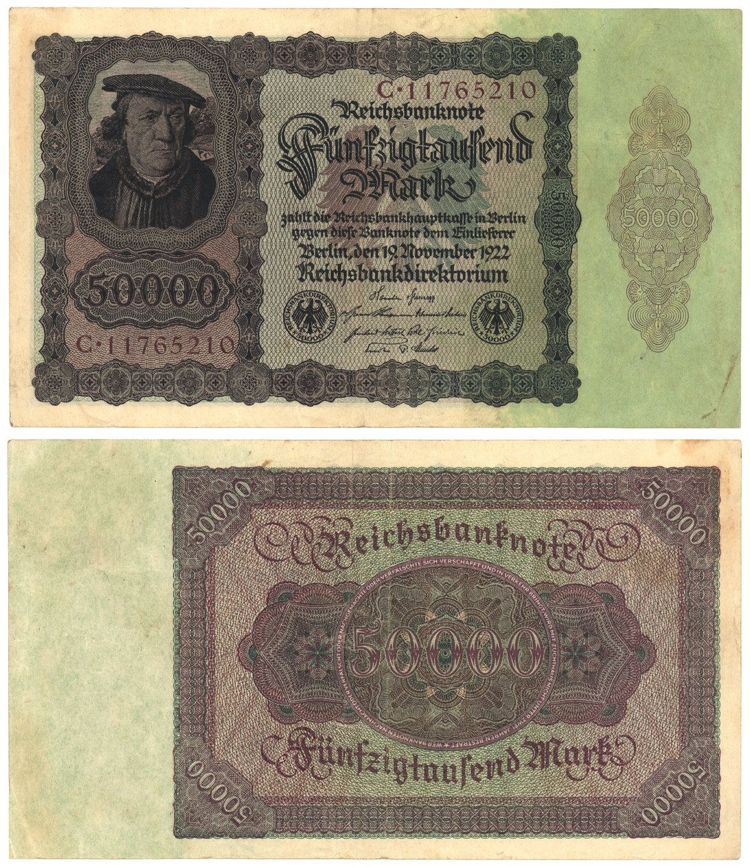 Een bankbiljet van vijftigduizend mark, 1922 (recto en verso) door German School