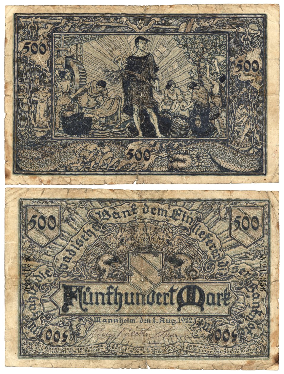 Een bankbiljet van vijfhonderd mark, 1922 (recto en verso) door German School