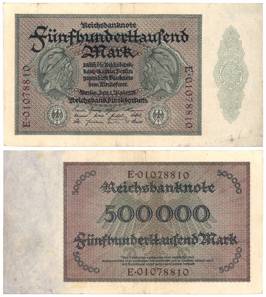 Een bankbiljet van vijfhonderdduizend mark, 1923 (recto en verso) door German School