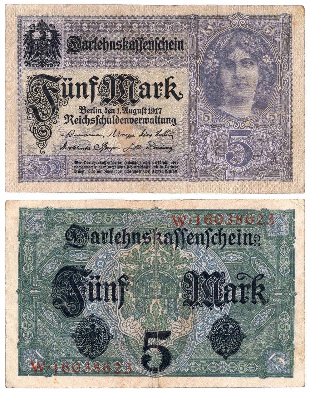 Een bankbiljet van vijf mark, 1917 (recto en verso) door German School