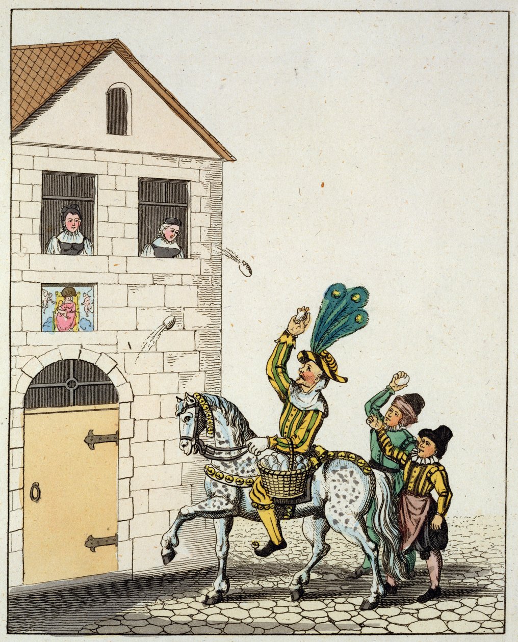 Een rondedans op het hoofdplein van de stad, uit Oude Neurenbergse Gewoonten en Nar op een Bonte Paard die Eieren Gooiend, uit Oude Neurenbergse Gewoonten en Spelen en Liederen, heruitgegeven 1831 door German School