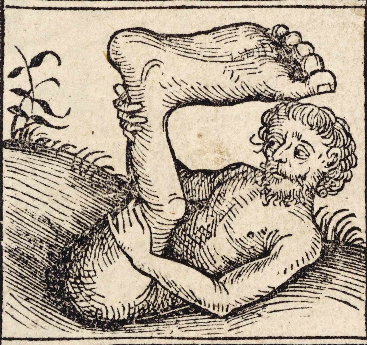 Een sciopod, Man met een gezwollen voet, uit `Registrum Hujus Operis Libri Cronicarum cum Figuris et Imagibus ab Inicio Mundi