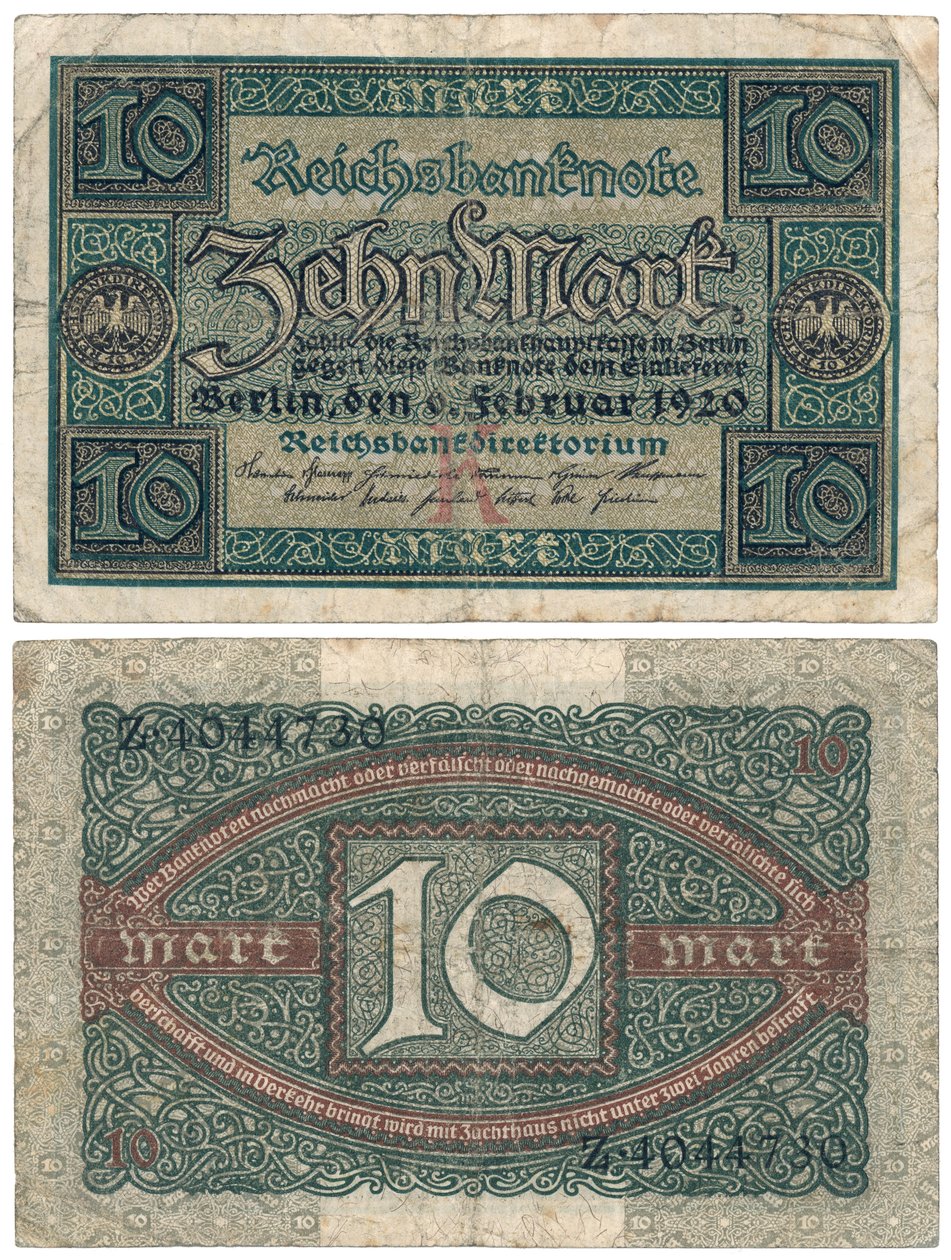 Een bankbiljet van tien mark, 1920 (recto en verso) door German School