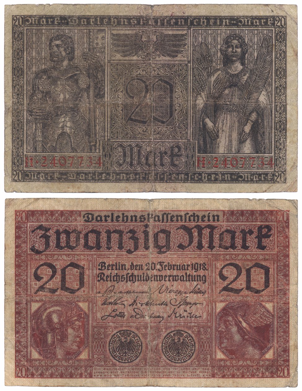 Een bankbiljet van twintig mark, 1918 (recto en verso) door German School