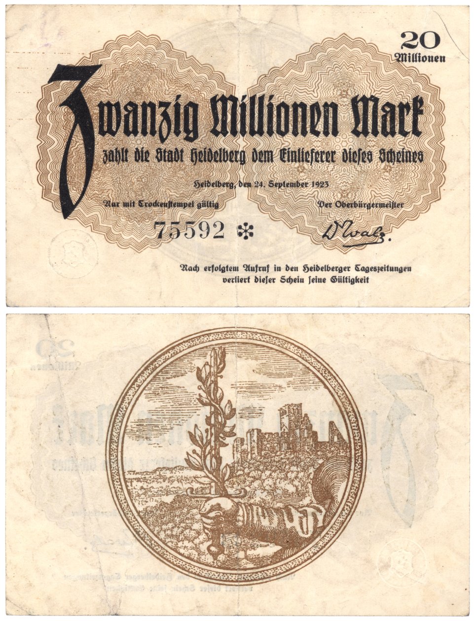 Een bankbiljet van twintig miljoen mark, 1923 door German School