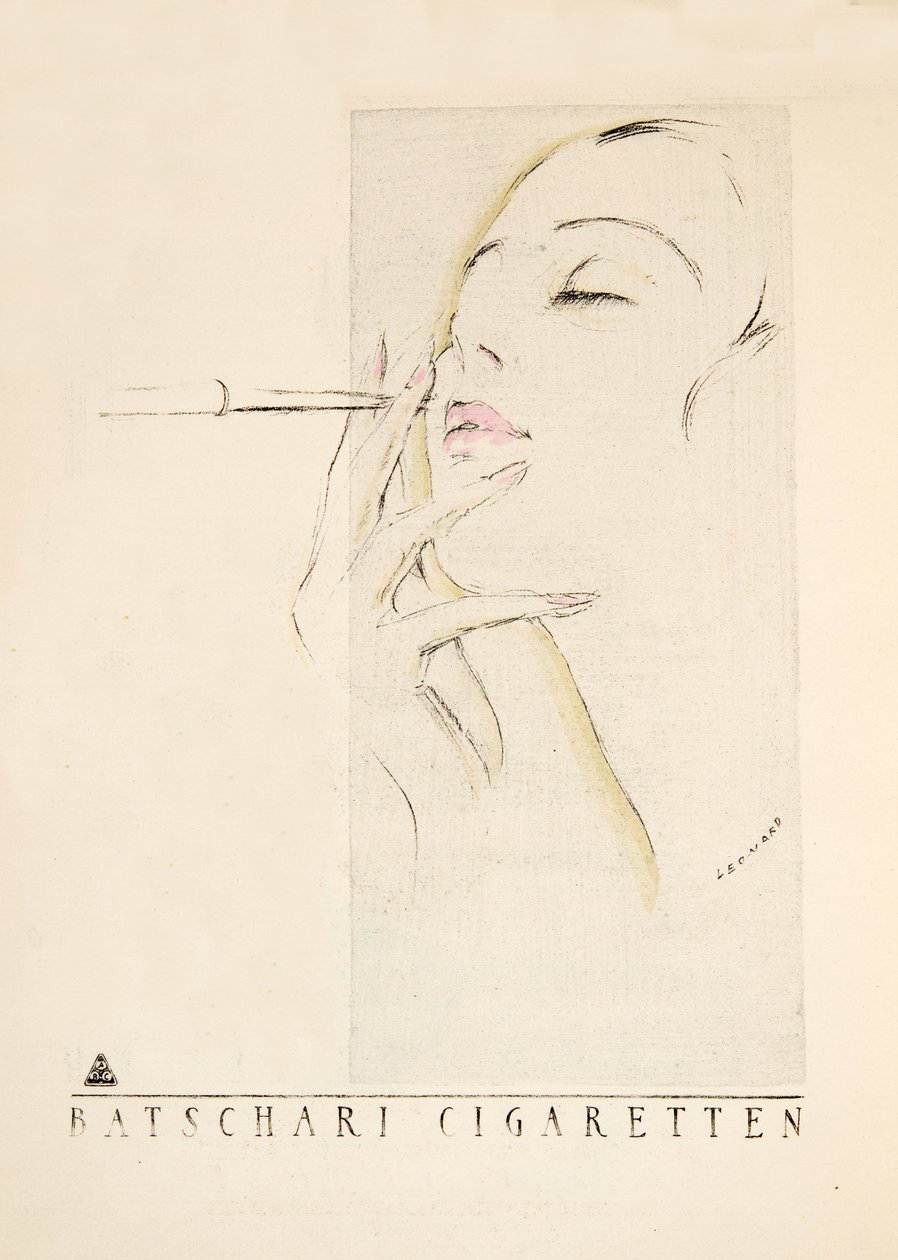 Advertentie voor "Batschari Cigaretten", uit Styl, pub.1922 (pochoirprint) door German School