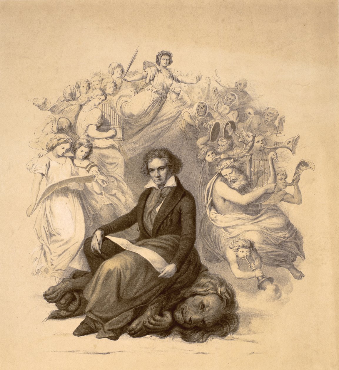 Allegorisch portret van Ludwig van Beethoven (1770-1827) door German School