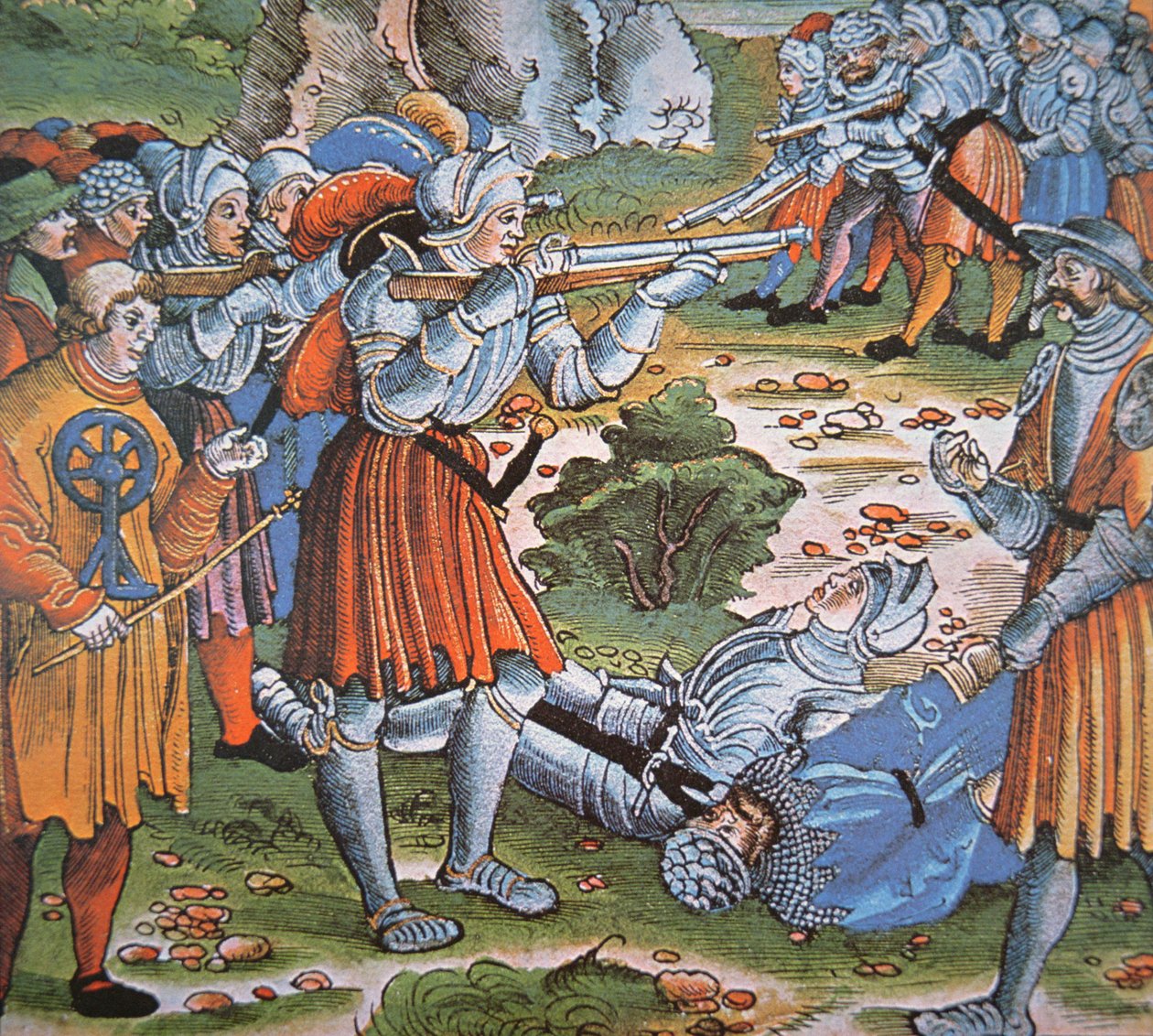 Gepantserde soldaten die een lontslot Arquebus afvuren, eind 15e eeuw (handgekleurde houtsnede) door German School