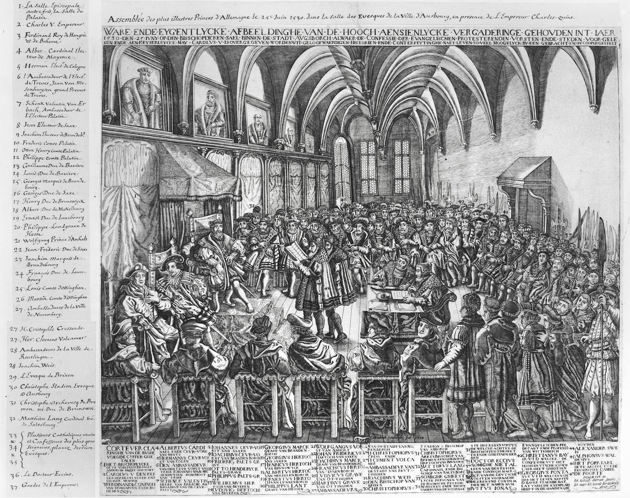 Vergadering van de meest illustere prinsen van Duitsland, in de bisschopshal, Augsburg, in aanwezigheid van Karel V op 25 juni 1530 door German School
