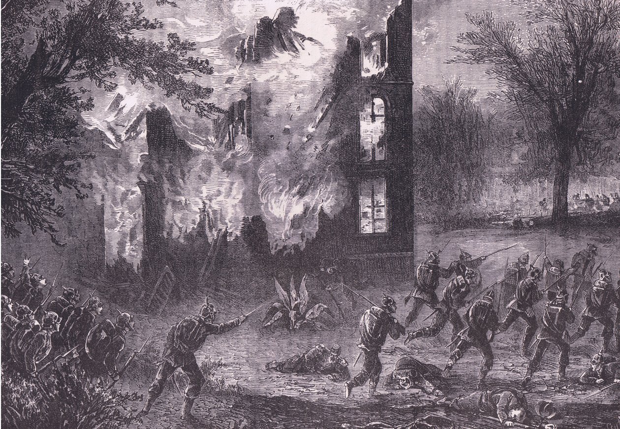 Aanval op een geavanceerde Franse positie, Cassells Geschiedenis van de Oorlog tussen Frankrijk en Duitsland uitgegeven door Cassell and Company Limited, c.1890 door German School