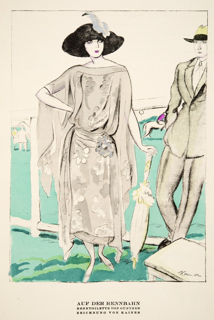 "Auf der Rennbahn", advertentie voor Racing Outfits van Gunther, uit Styl, pub.1922 (pochoirdruk) door German School