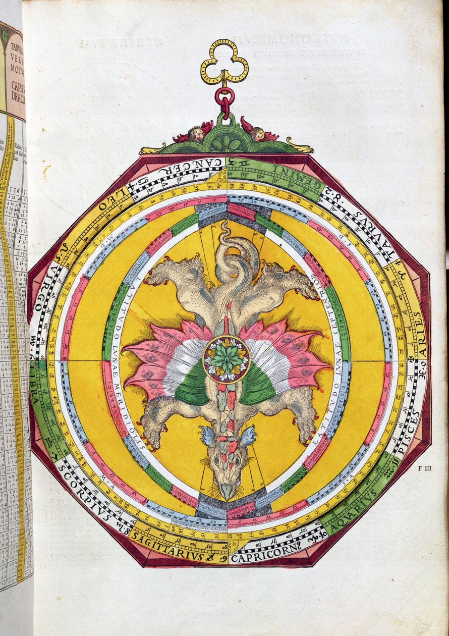 Volvelleor met de dierenriem, illustratie uit Astronomicum Caesareum door Peter Apian (Bennewitz) gepubliceerd in Ingolstadt, 1540 door German School