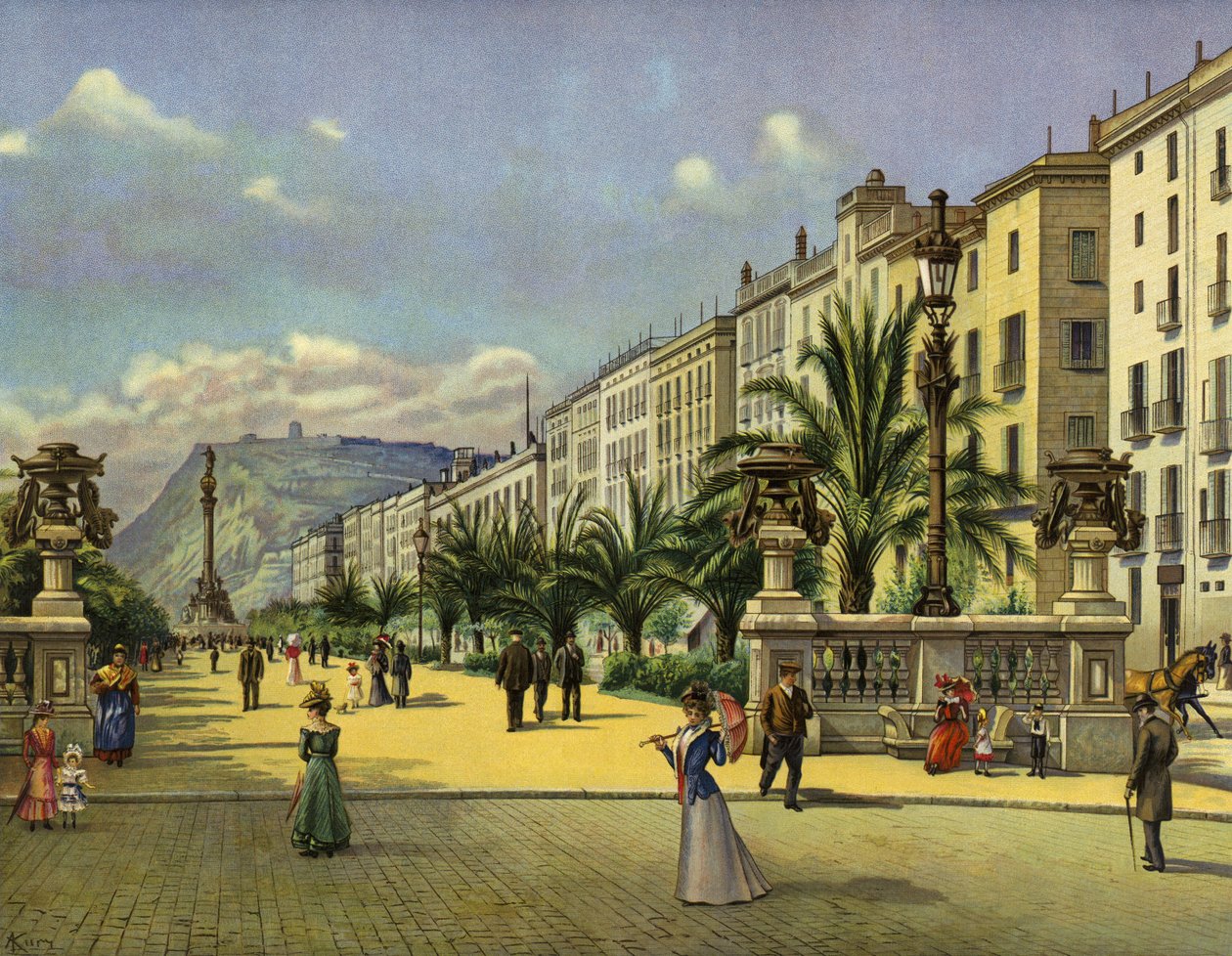 Barcelona, Paseo de Colon (chromolitho) door German School