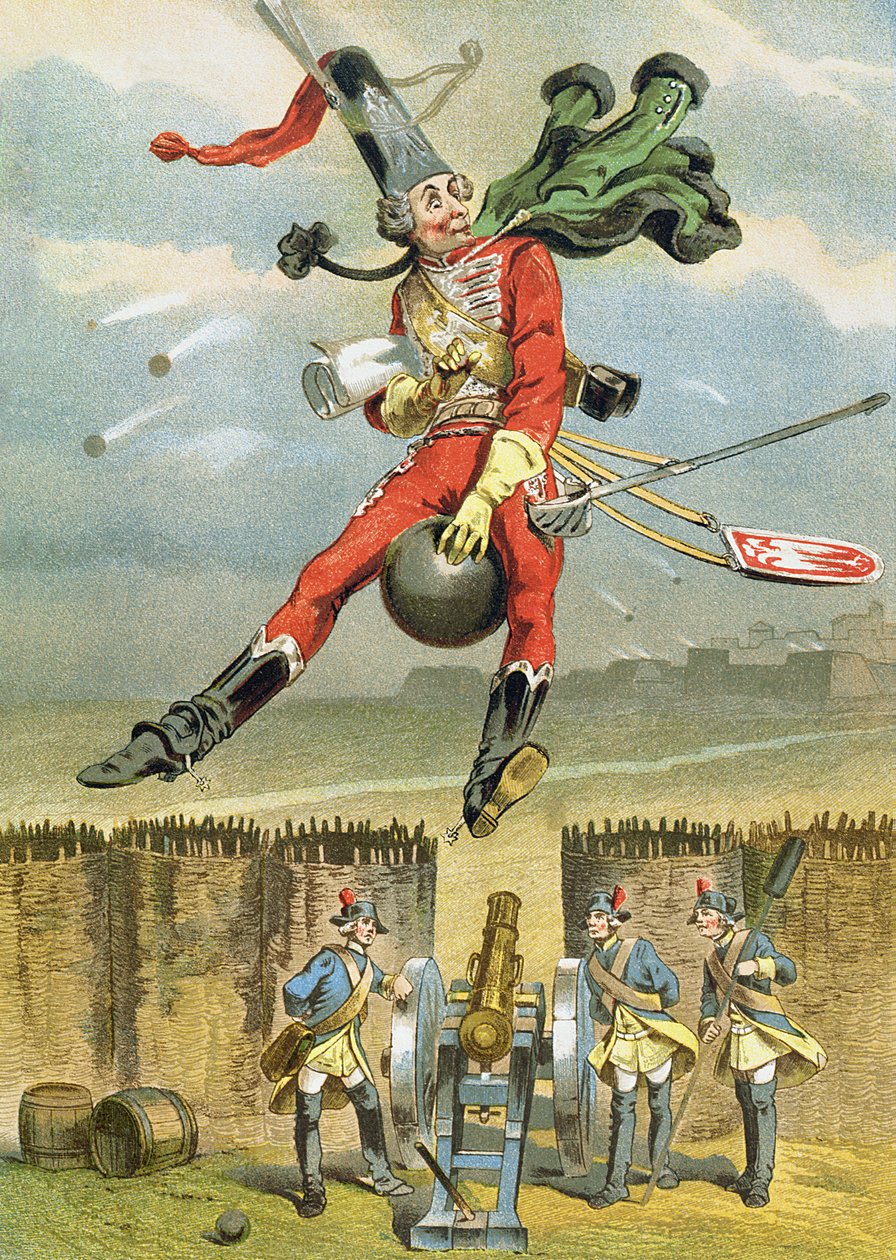 Baron Munchausen vliegend over de vijandelijke linies op een kanonskogel, illustratie uit een Duitse editie van De Avonturen van Baron Munchausen door German School