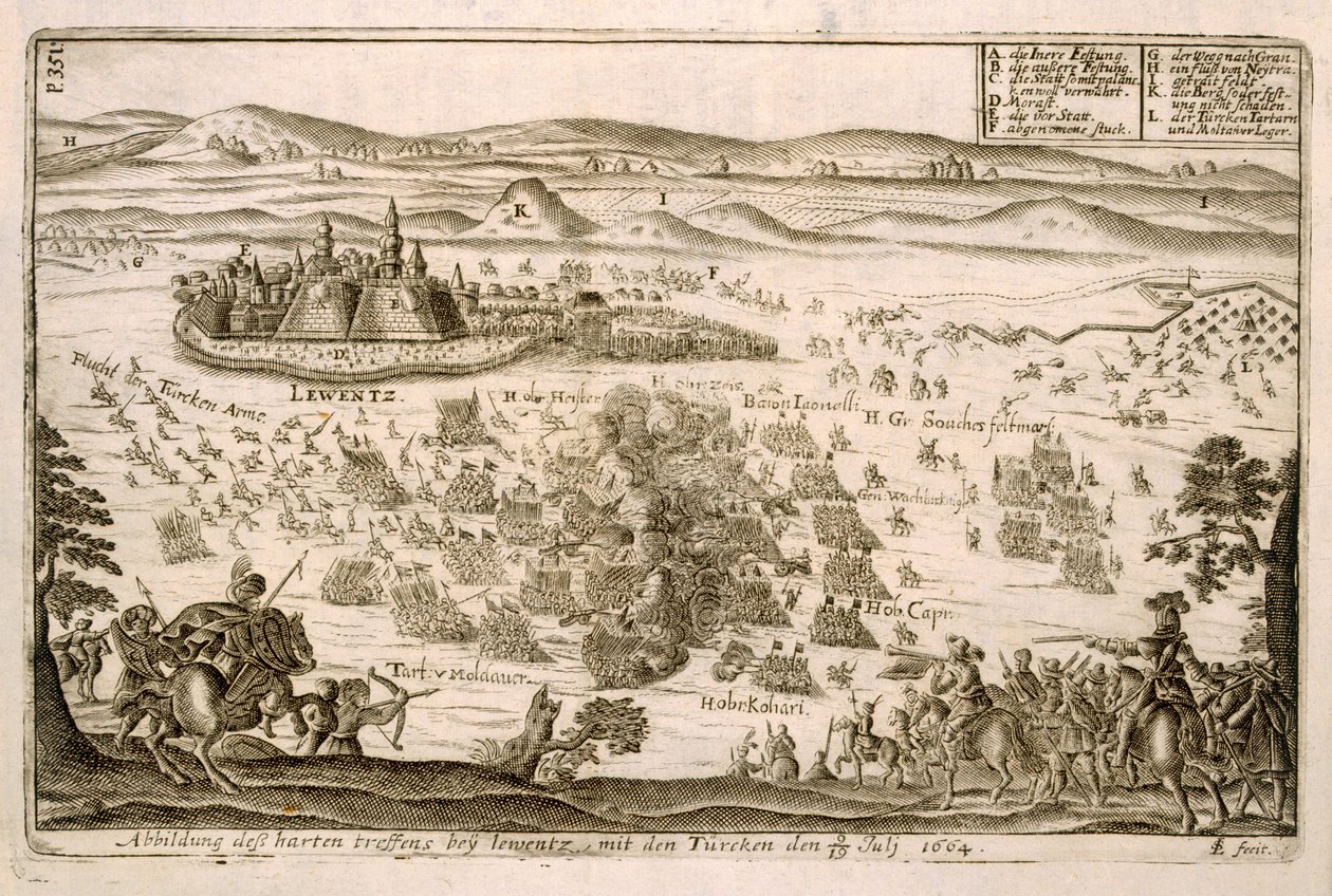 Slag bij de Stad Levice in 1664, illustratie uit een boek over de Ottomaanse campagnes in Europa, gegraveerd door Paul Furst (ca. 1605-66) door German School
