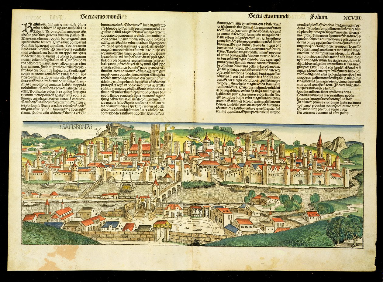 Vogelvlucht van Ratisbon, uit de Neurenberg Kroniek door Hartmann Schedel (1440-1514) 1493 door German School
