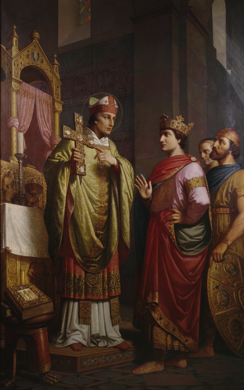 Bisschop Bernward toont keizer Otto III zijn kruis door German School