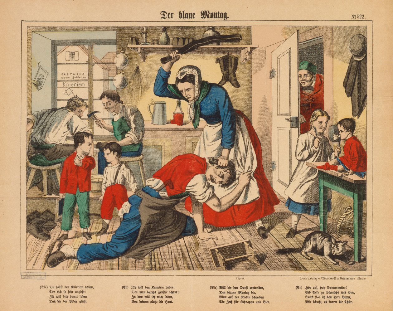 Blauwe Maandag - een schoenmakersvrouw slaat haar man, pamflet uitgegeven door C. Burckhardt, Weissenburg, ca. 1850 door German School