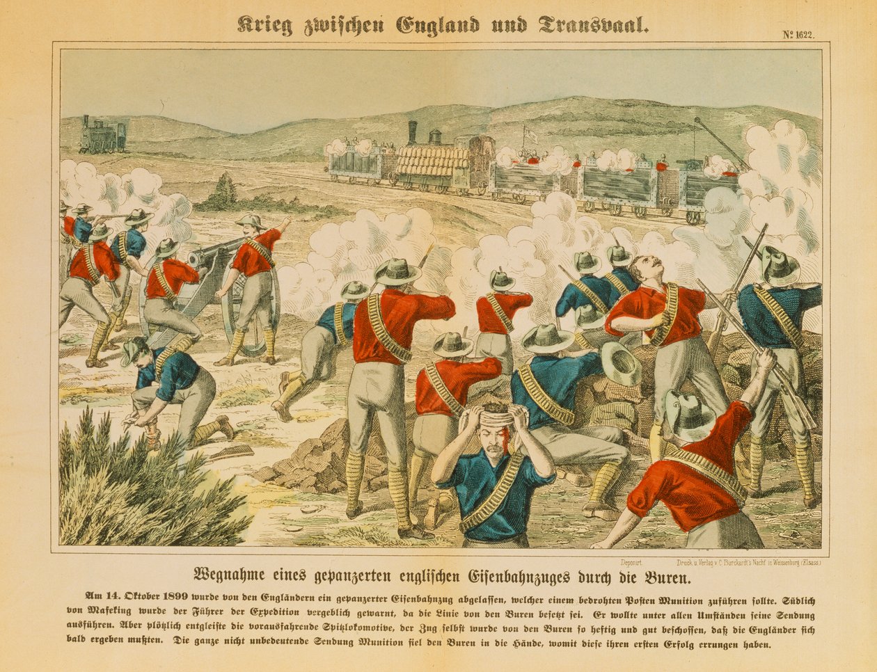 Boeren nemen een gepantserde Engelse trein in beslag tijdens de Tweede Boerenoorlog, nabij Maseking, 14 oktober 1899, uitgegeven door C. Burckhardts Nachf, Weissenburg, 1899 door German School
