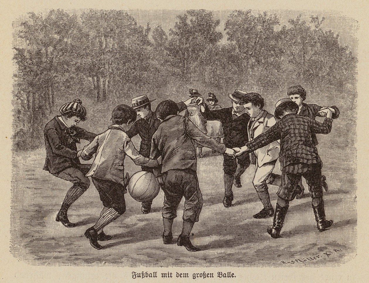 Jongens voetballen met een grote bal (gravure) door German School