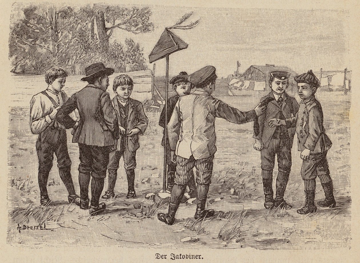 Jongens spelen het spel met de Jacobijnse pet (gravure) door German School