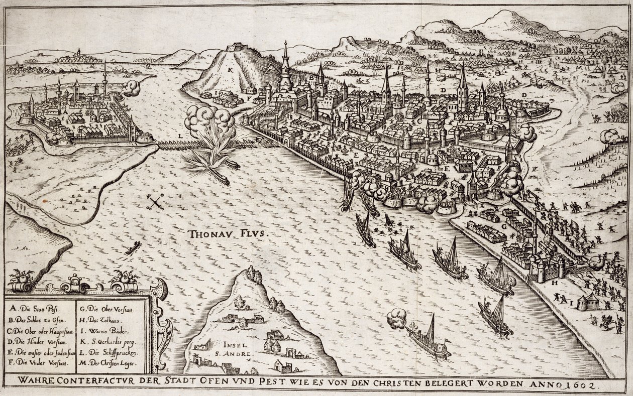 Buda en Pest Belegerd door de Christenen in 1602, illustratie uit een boek over de Ottomaanse campagnes in Europa, gegraveerd door Paul Furst (ca. 1605-66) door German School