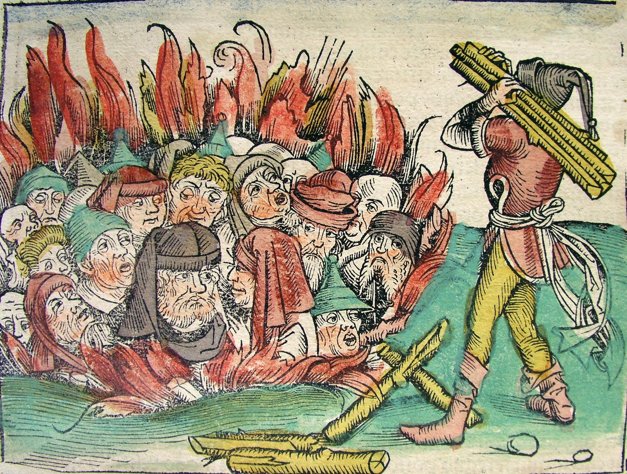 Verbranding van de Joden, gepubliceerd in de Neurenberg Kroniek, 1493 door German School