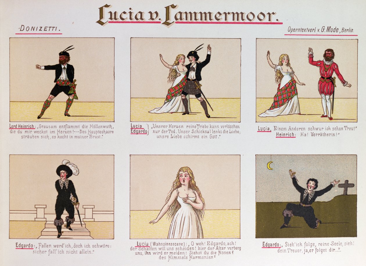 Cartoon die de opera Lucia di Lammermoor door Donizetti belachelijk maakt door German School