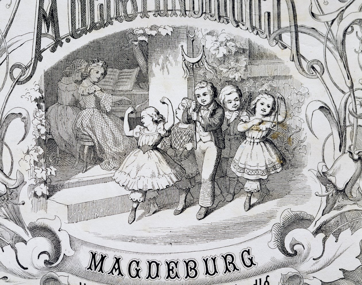 Kinderdansscène, detail van titelpagina van verzameling muziek en dansen voor kinderen gepubliceerd in Maagdenburg, Duitsland door German School