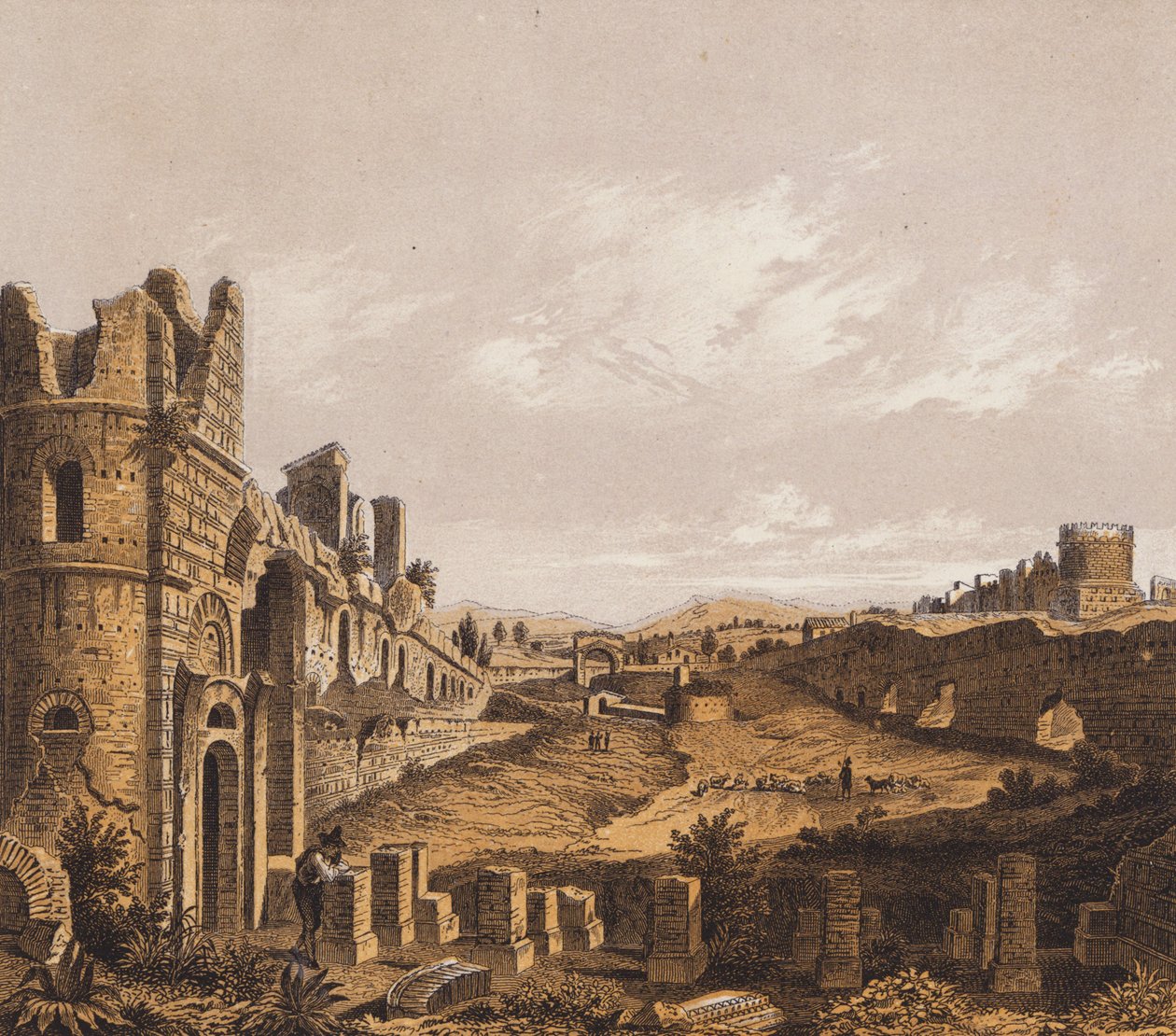 Circus van Maxentius, Rome (kleurenlitho) door German School