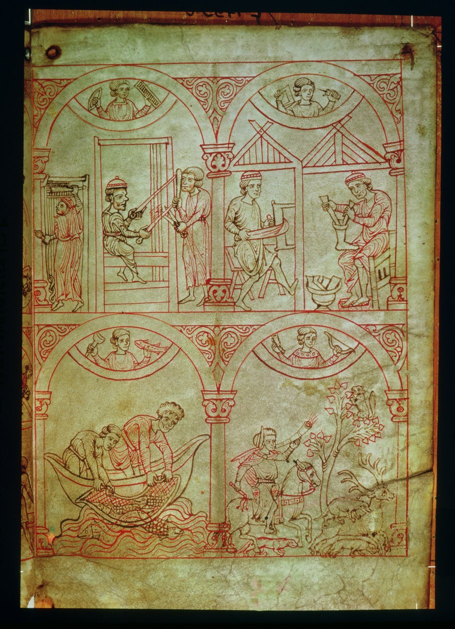 Codex 507 fol.2r Wever, Schoenmaker, Vissers en Jager, uit Renner Musterbuch, ca. 1208-18 door German School